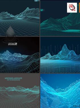 网格空间线条框架透视山脉虚拟现实蓝色科技背景AI矢量设计模板