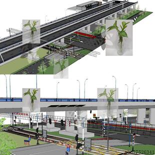 现代铁路火车道口道闸交通设施高架桥公路红绿灯sketchup SU模型