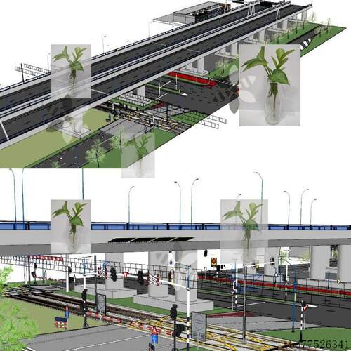 现代铁路火车道口道闸交通设施高架桥公路红绿灯sketchup SU模型