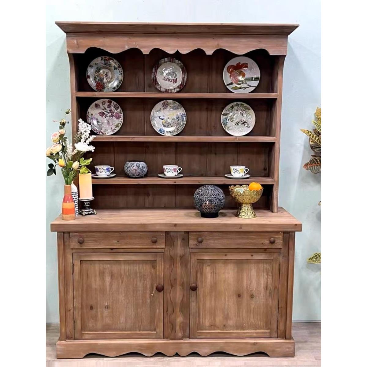 实木餐边柜书柜储物柜实木餐边柜装饰柜碗柜 复古田园风客厅庭院