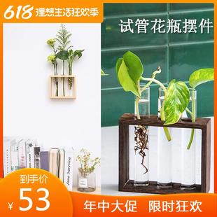 玻璃水培花瓶辦公室桌面水養(yǎng)綠蘿植物試管花瓶室內(nèi)實木裝 飾擺件