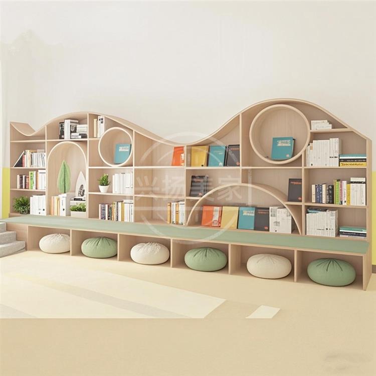 创意弧形书架带坐凳异形图书馆展示柜学校幼儿园绘本馆阅读区隔断