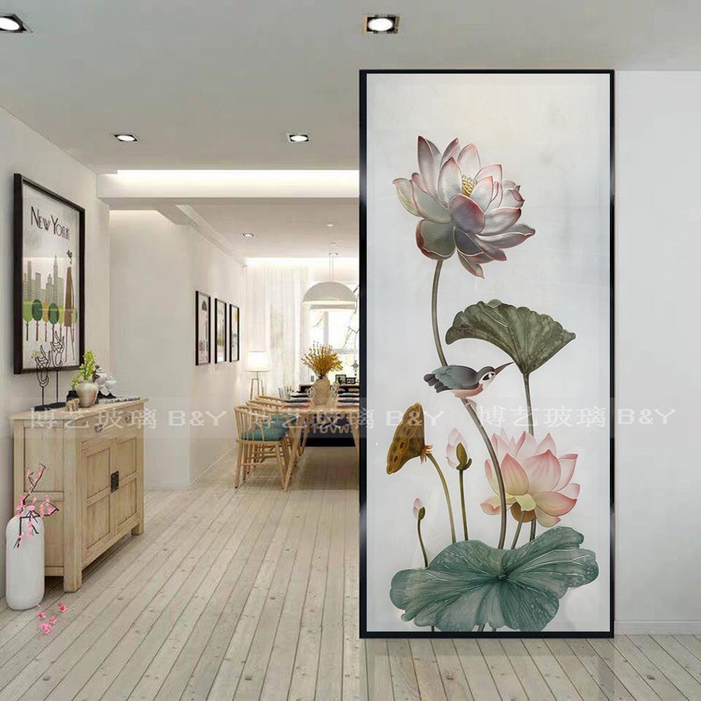 玄关艺术玻璃新中式雕刻立体荷花简约轻奢屏风装饰卫生间隔断鞋柜