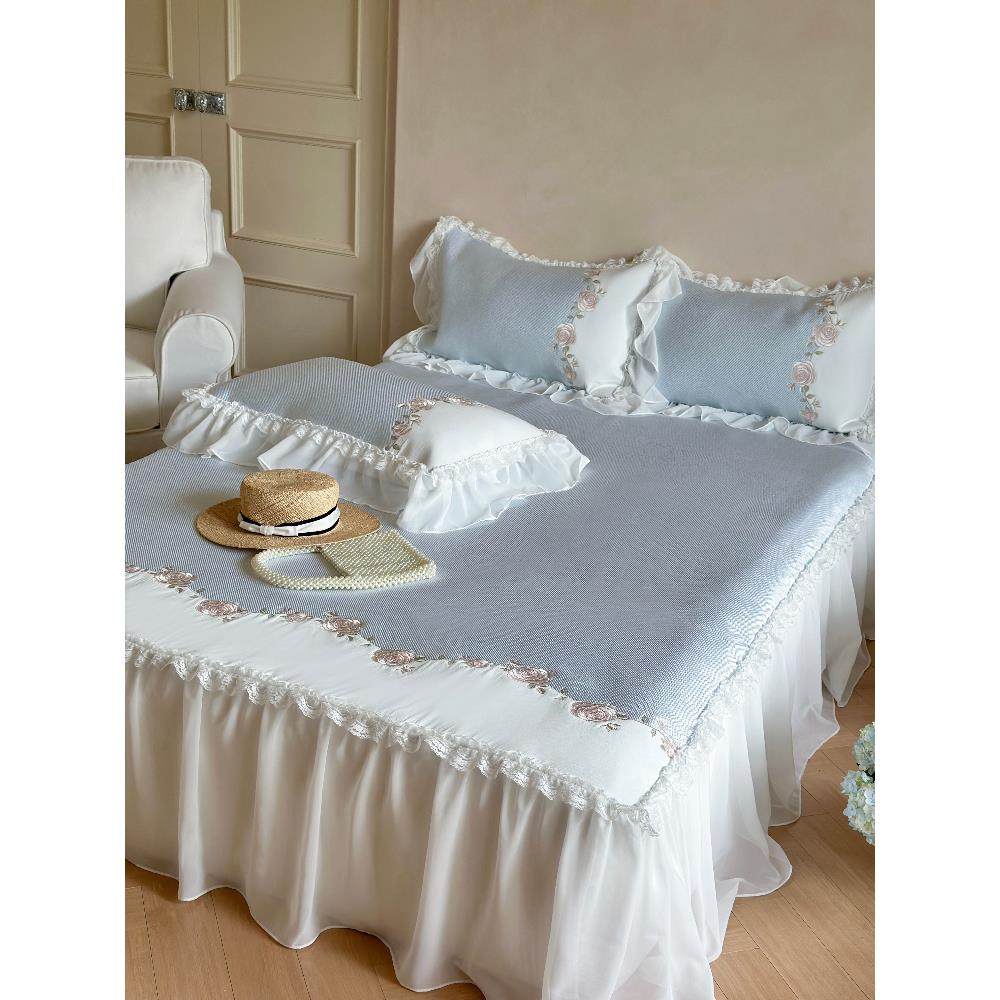 小清新夏季冰丝凉席三件套可水洗少女心刺绣床裙款1.8米空调软席