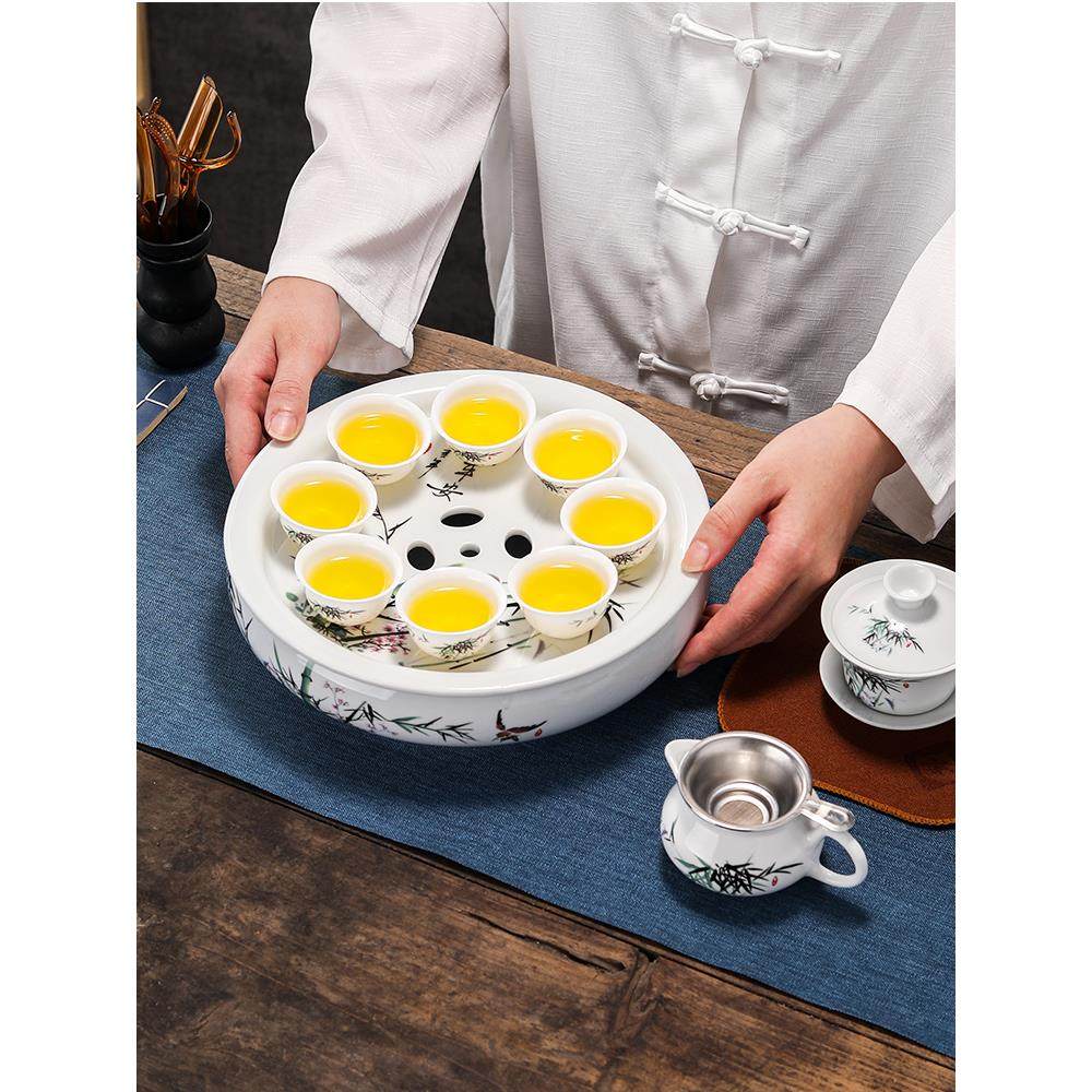 一套潮汕功夫茶具，家用薄茶壶和茶杯，简单的10英寸陶瓷茶盘