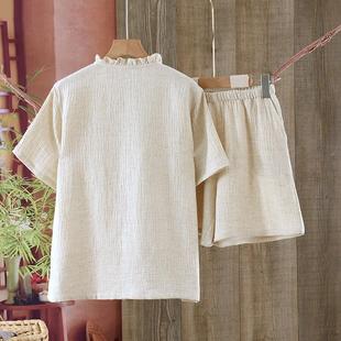 睡衣新款 套装 情侣薄款 短裤 男女亚麻家居服 休闲汗蒸服短袖 如奕夏季