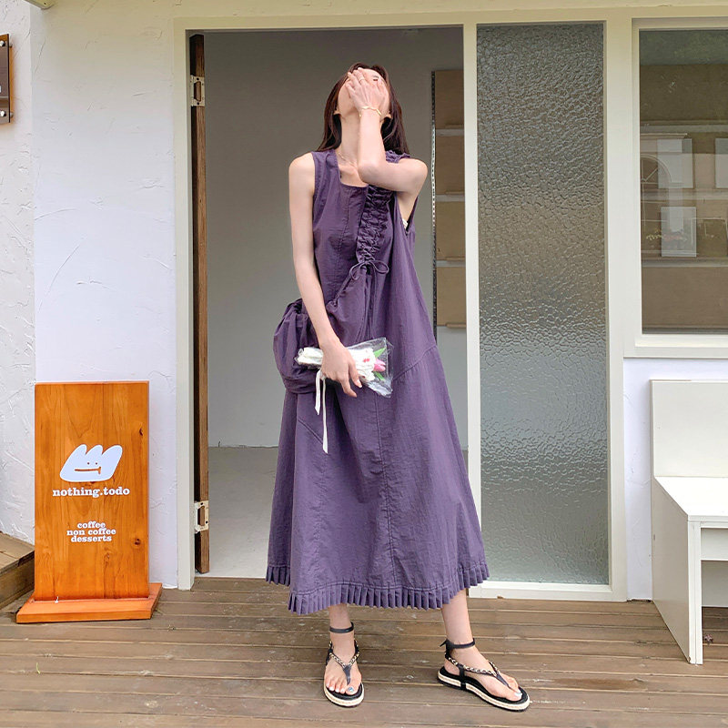 紫色无袖棉麻百褶连衣裙2025新款女初夏巨好看小个子气质背心长裙