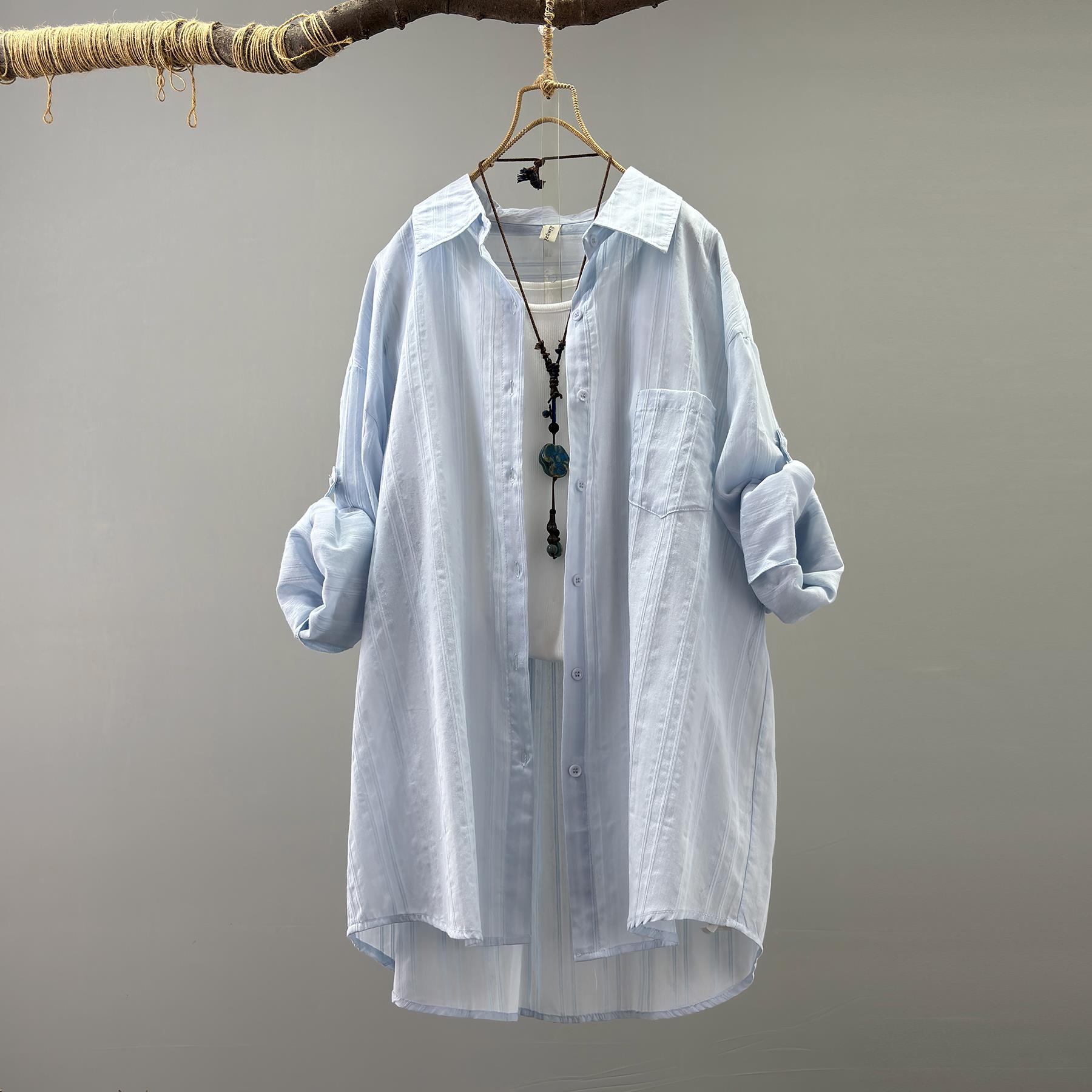 全棉薄宽松显瘦长袖衬衫女防晒衣新2025夏简约提花竖纹开衫防晒衫