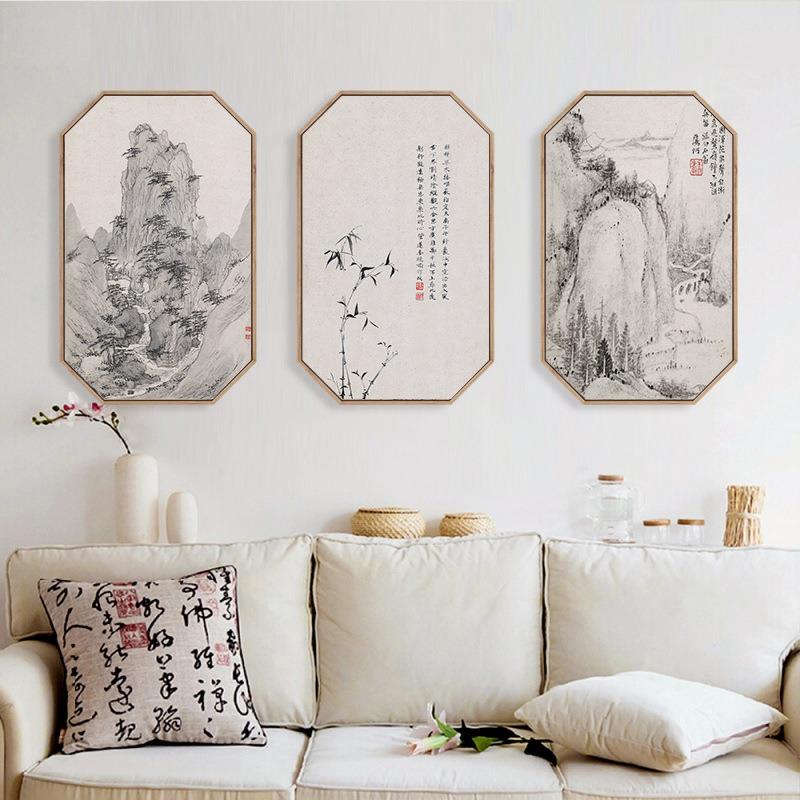 溪山新中式水墨山水装饰画客厅沙发背景三联画八边形玄关挂画