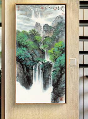 聚宝盆山水画玄关装饰画竖版过道客厅走廊风景画壁画招财国画挂画