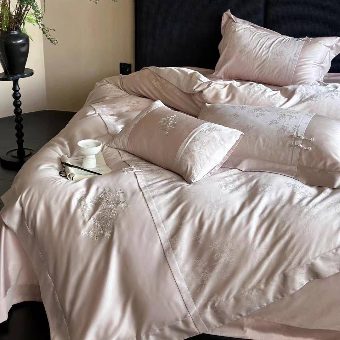 新中式天丝棉刺绣东方竹四件套春夏凉感床上用品被套床单4件套粉