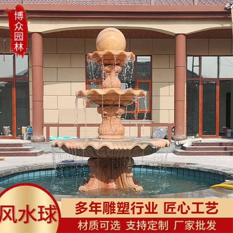 花岗岩石雕流水喷泉广场欧式水钵黄锈石喷泉景观雕塑