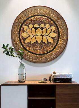 手绘油画荷花玄关装饰画餐厅挂画圆形东南亚泰式金箔立体壁画挂画