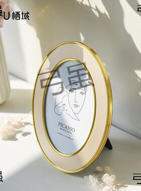 19EK欧式复古椭圆形相框摆台金属黑色银色6寸7金色客厅简约桌摆照