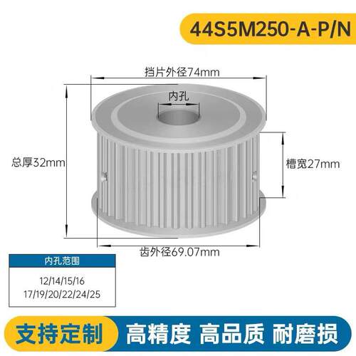 S5M44齿 两面平同步轮 槽宽27 AF型 同步带轮 齿轮44S5M250-A