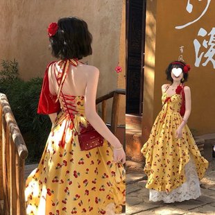 热带樱桃度假风不规则露背吊带裙蕾丝半身裙绝美两件套连衣裙套装