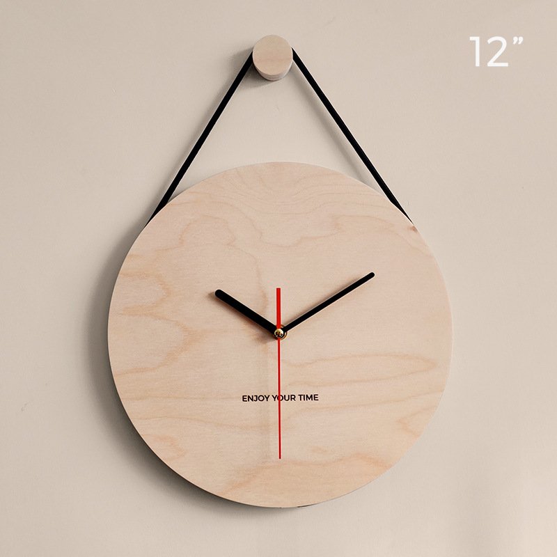 木制吊绳挂钟北欧日式简约创意钟表家居客厅时钟装饰WallClock