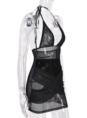 ZN5680娜扎达跨境欧美外贸吊带网纱裙激情透视性感镂空开叉一步裙