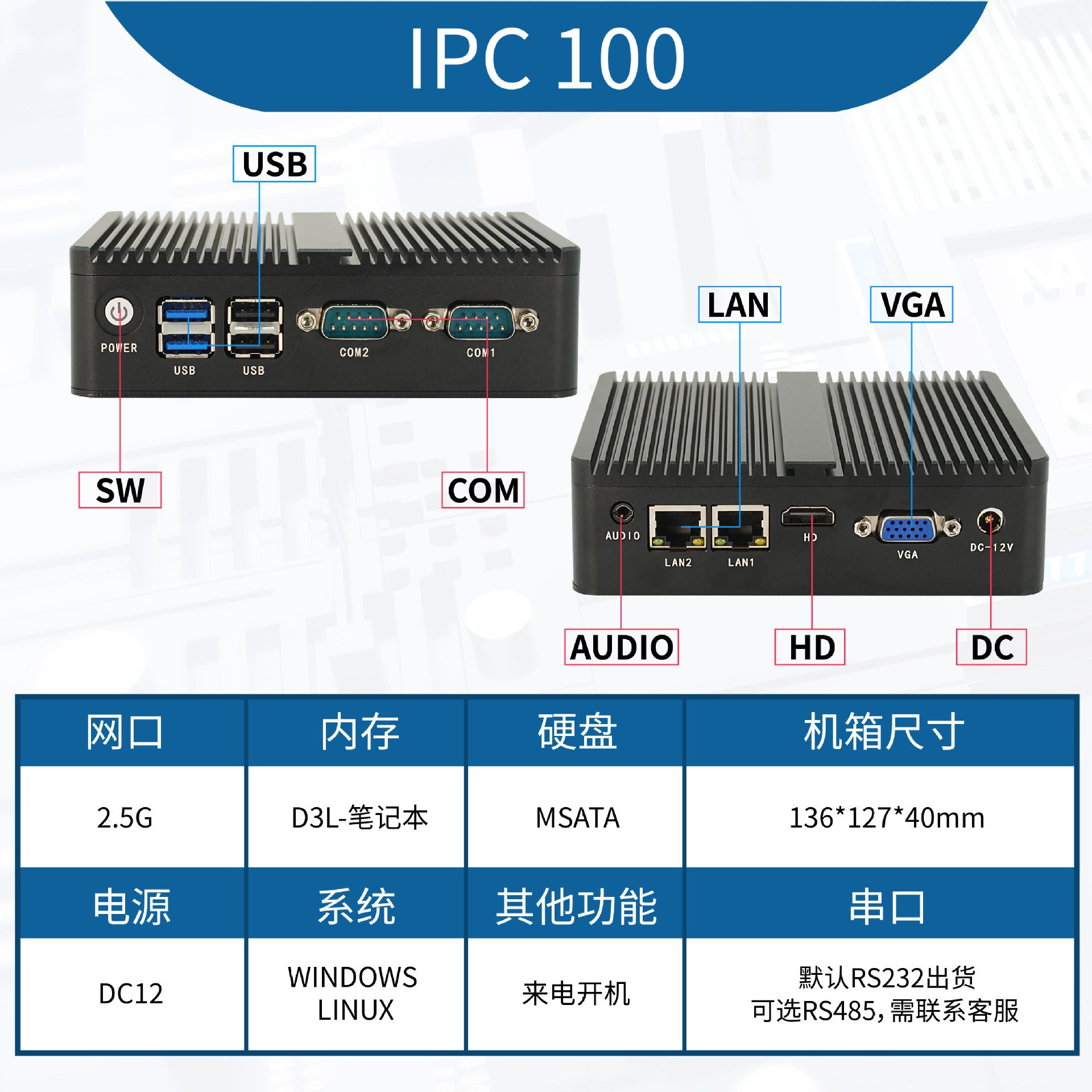 N2840迷你电脑主机无风扇工业工控计算整机双网RS485双串口Linux