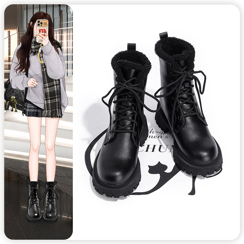 真皮加绒厚底马丁靴女款黑色2024冬季保暖雪地靴小个子内增高短靴