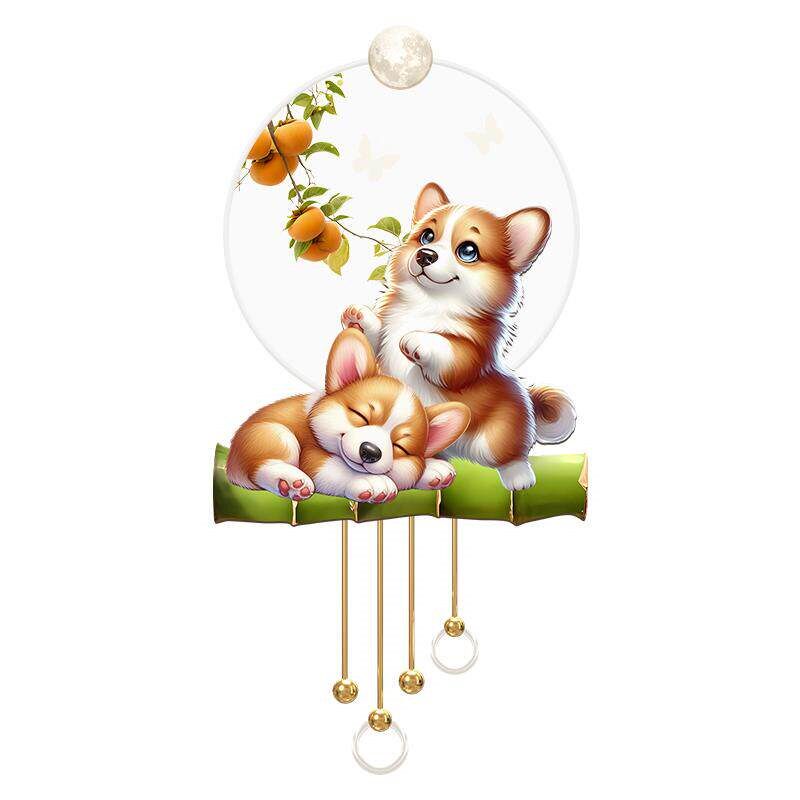 可爱小狗c进门玄关装饰画柿柿如意走廊带灯壁画奶油风客厅格栅挂