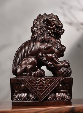 黑檀木雕狮子摆h件一对狮子实木质家居门口客厅创意装饰摆设工艺