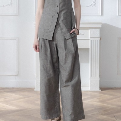 mesosph仲夏晚意 亚麻哑光感撞色明线宽松直筒阔腿裤休闲女