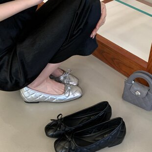 韩式内增高方头浅口单鞋女2026春季新款一脚蹬平底蝴蝶结芭蕾舞鞋