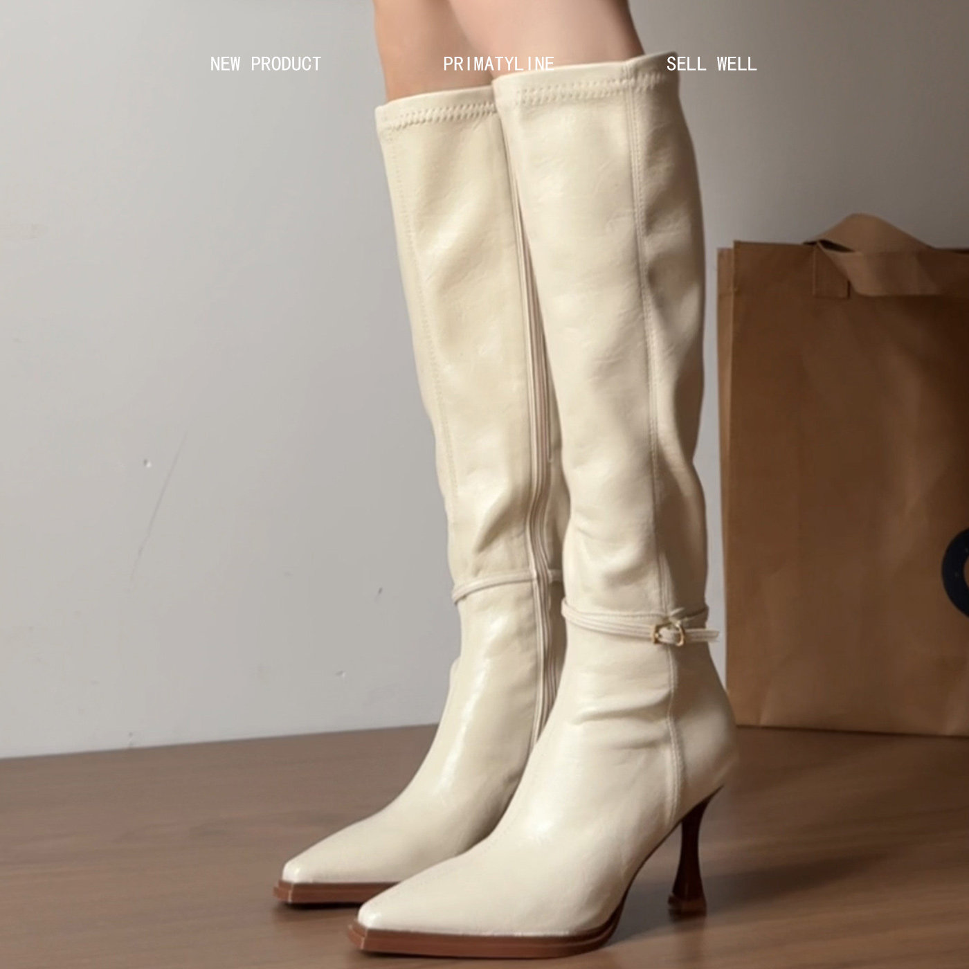 羊皮版！法式弹力瘦瘦靴女侧拉链细跟白色长筒靴尖头高跟骑士靴