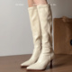 羊皮版 弹力瘦瘦靴女侧拉链细跟白色长筒靴尖头高跟骑士靴 法式