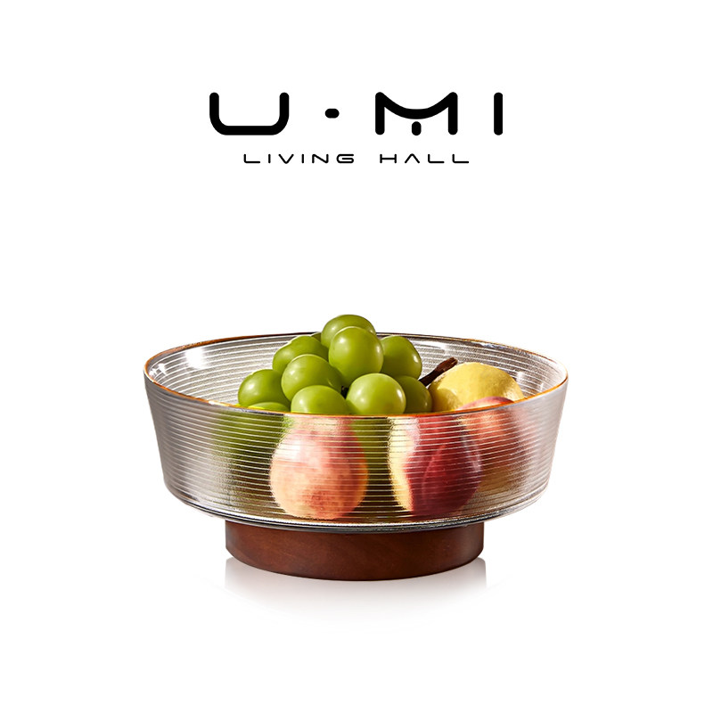 U Mi LIVING · 纹澈 | 果盘轻奢玻璃水果盘实木底座透明条纹果篓,餐饮具,果盆/果盘/果篮,淘宝优惠券,粉丝福利购,淘宝优惠卷