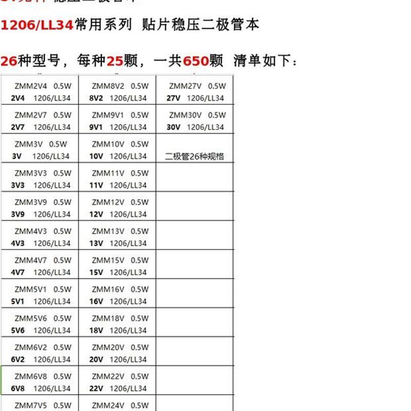 ST先科 26种常用贴片稳压二极管包 样品本0.5W 2.4V-30V 每种25个