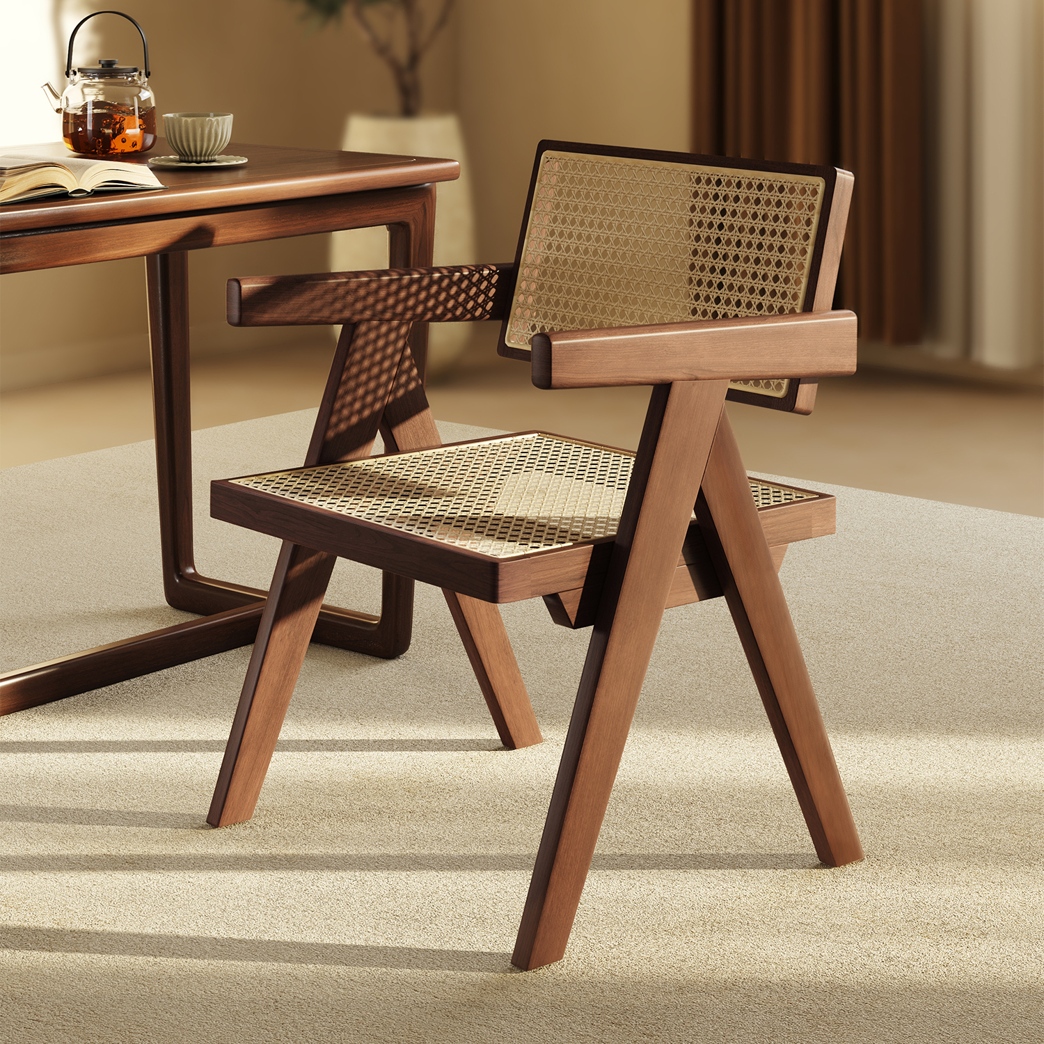 实木椅子家用餐椅原木风昌迪加尔椅藤编椅胡桃中古风客厅餐厅凳子