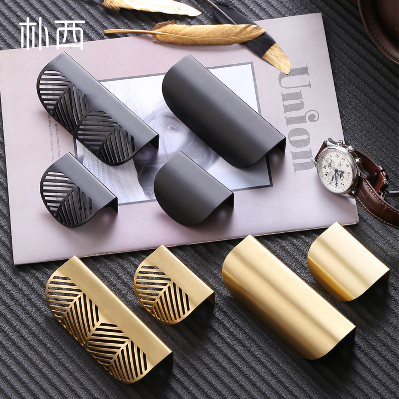 黄铜隐形拉手创意树叶镂空橱衣柜门抽屉轻奢北欧全铜叶子隐藏把手