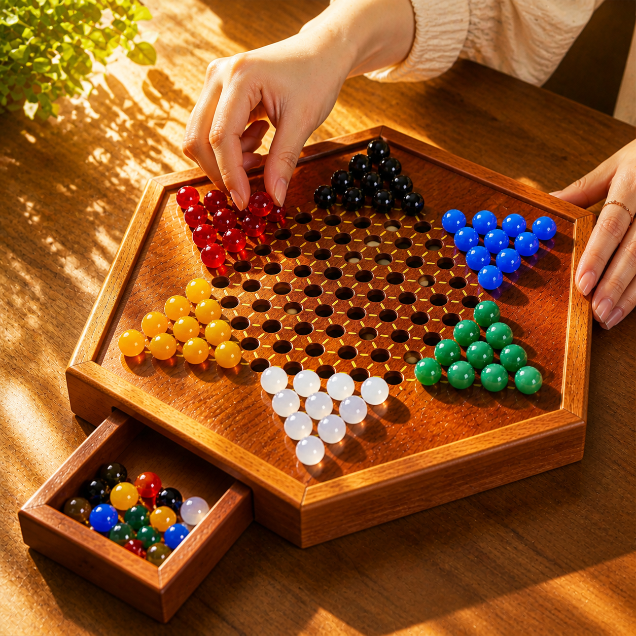 跳棋玻璃球儿童益智木质二合一棋盘大号成人大人亲子玛瑙珠亚克力