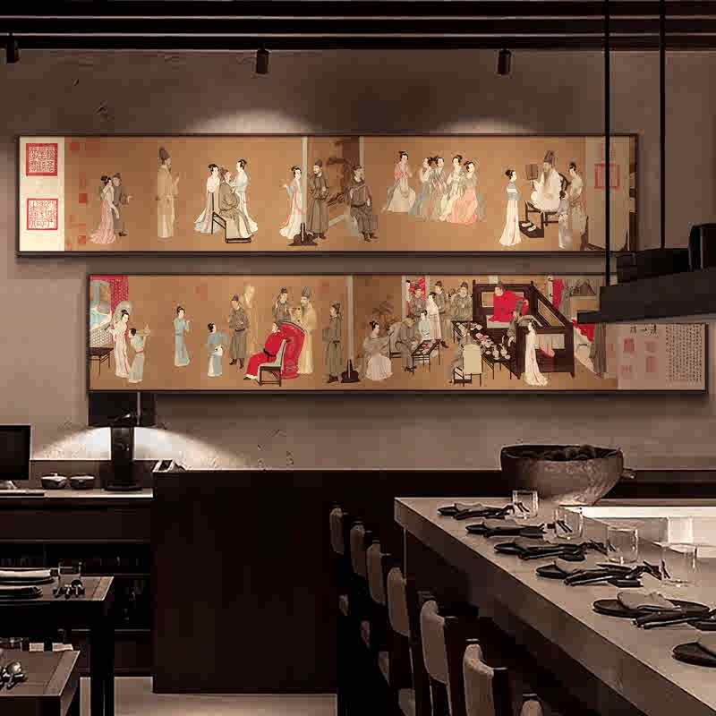 新中式餐厅装饰画【宫廷夜宴图】人物多层餐馆包厢背景墙面挂画图片