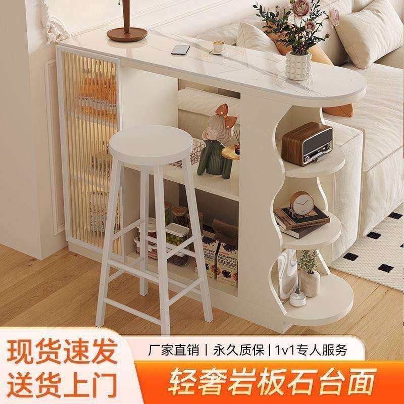 奶油风吧台桌家用酒柜实木客厅岩板餐边柜隔断一体靠墙小型储物柜