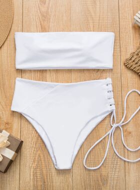 跨境外贸欧美新款纯色抹高腰性感胸绑带比基尼外贸分体泳衣XL016