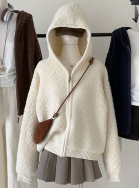 慵懒风软糯保暖羊羔毛连帽外套女韩版宽松休闲百搭针织开衫上衣