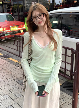 薄荷曼波风绿色v领长袖T恤女氛围感叠穿慵懒休闲气质防晒罩衫上衣