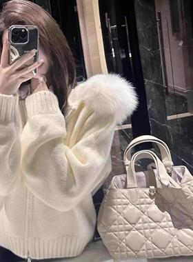 白色狐狸毛毛衣外套女冬季高级感慵懒风拉链连帽上衣短款针织开衫