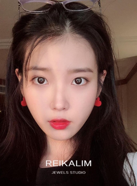 IU同款红色爱心耳钉纯银针韩系ins小众设计无耳洞耳夹耳饰个性女