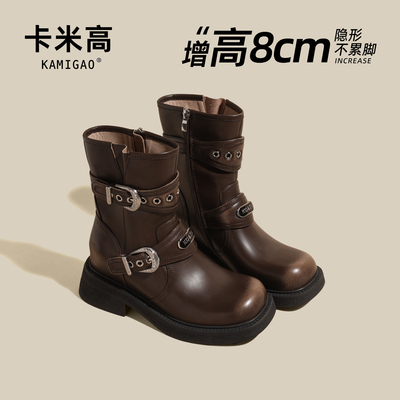 8cm内增高马丁靴棕色厚底中筒靴
