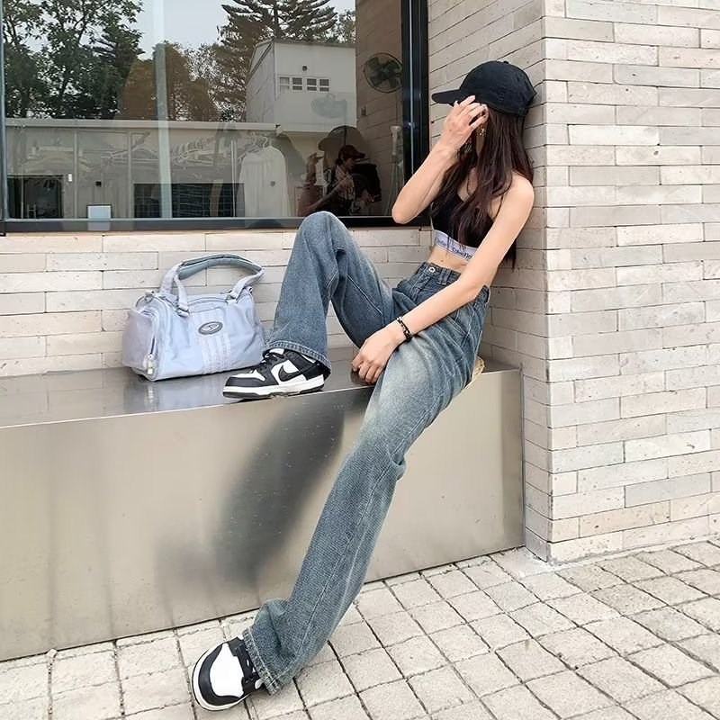 蓝色阔腿牛仔裤女士美式复古高腰B宽松垂感小个子星空纹窄版直筒