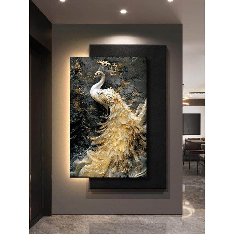 高级感孔雀入户玄关装饰画浮雕立体肌理感走廊过道壁灯画客厅挂画