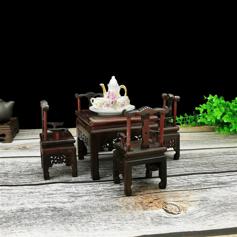 紫檀微型方桌古典桌椅模型蛋糕装饰椅子复古迷你娃屋明清家具摆件