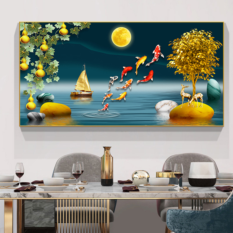 2022年新款5D满钻客厅餐厅发财麋鹿九鱼图钻石画DIY点贴钻十字绣