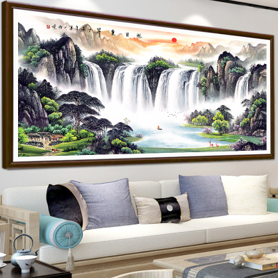 旭日东升十字绣2023新款绣线绣客厅办公室山水画风景流水生财挂画
