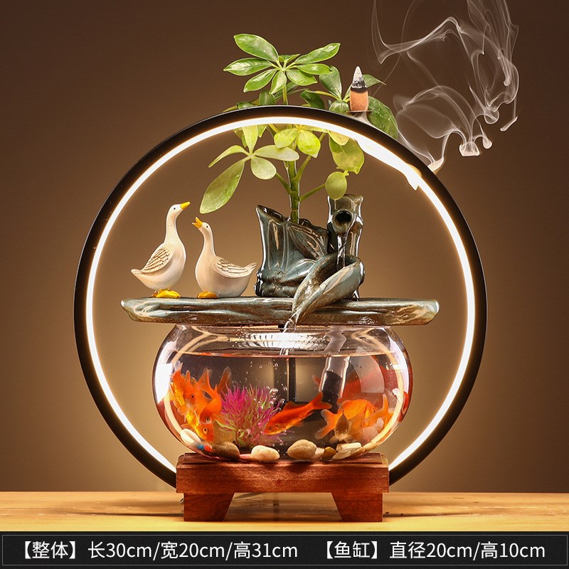 新中式流水生财摆件桌面过滤陶瓷创意家用办公开业装饰造景养鱼缸
