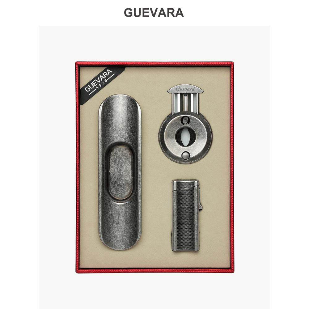 GUEVARA格瓦拉雪茄剪刀三件工具套装V型雪茄钳烟托防风打火机送男